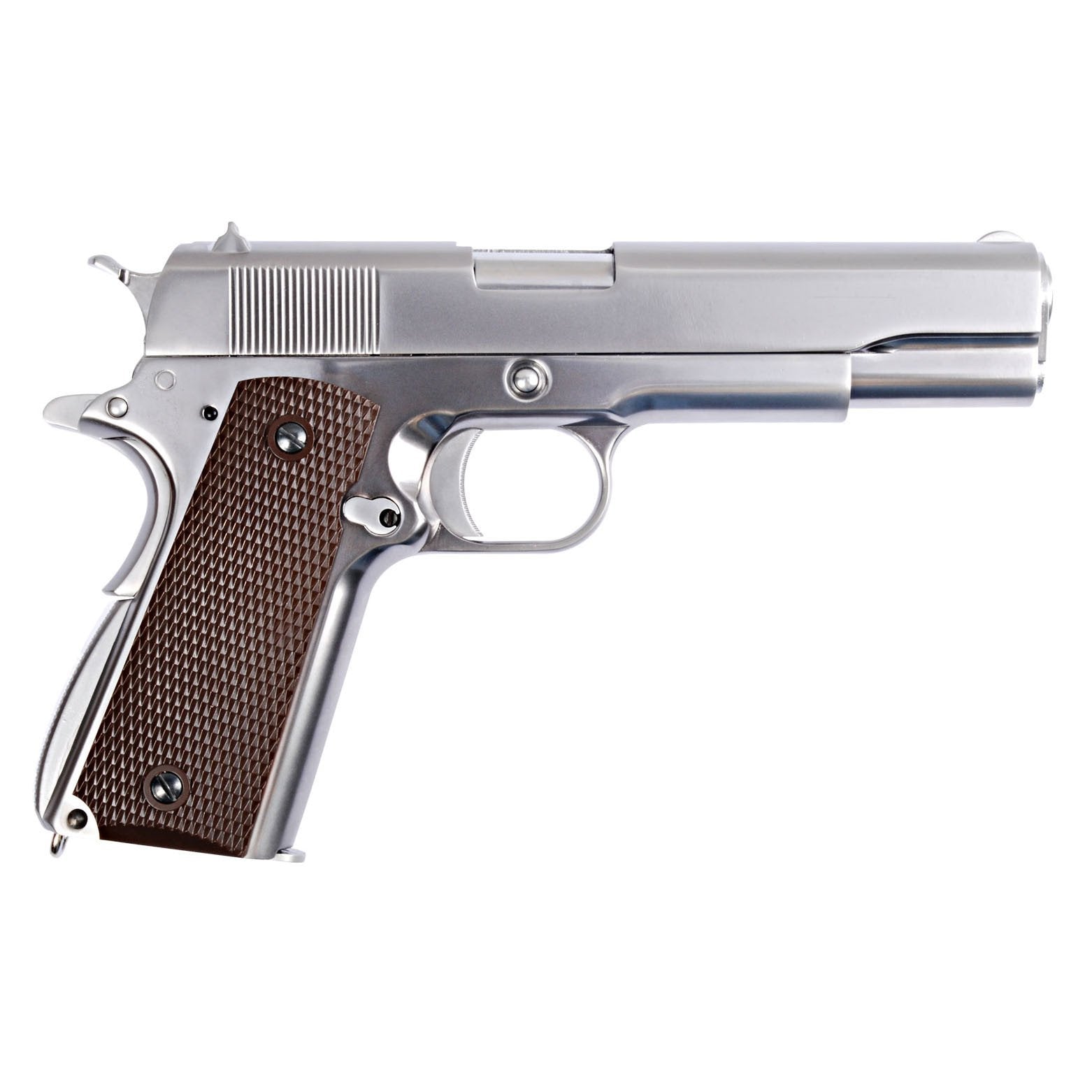 WE Tech 1911 GBB Pistol (Matte Chrom/ Checker Grip) – CrownAirosoft